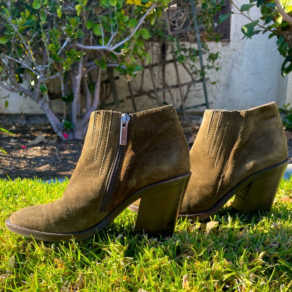 Auqatalia Suede Booties with Stacked Heel- olive green size 7